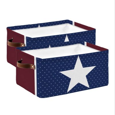2 Pack Large Storage Baskets Bins 4th of July Collapsible Storage Box Laundry Organizer for Closet Shelf Nursery Kids Bedroom Independence Day White Star Blue Brown Stripes