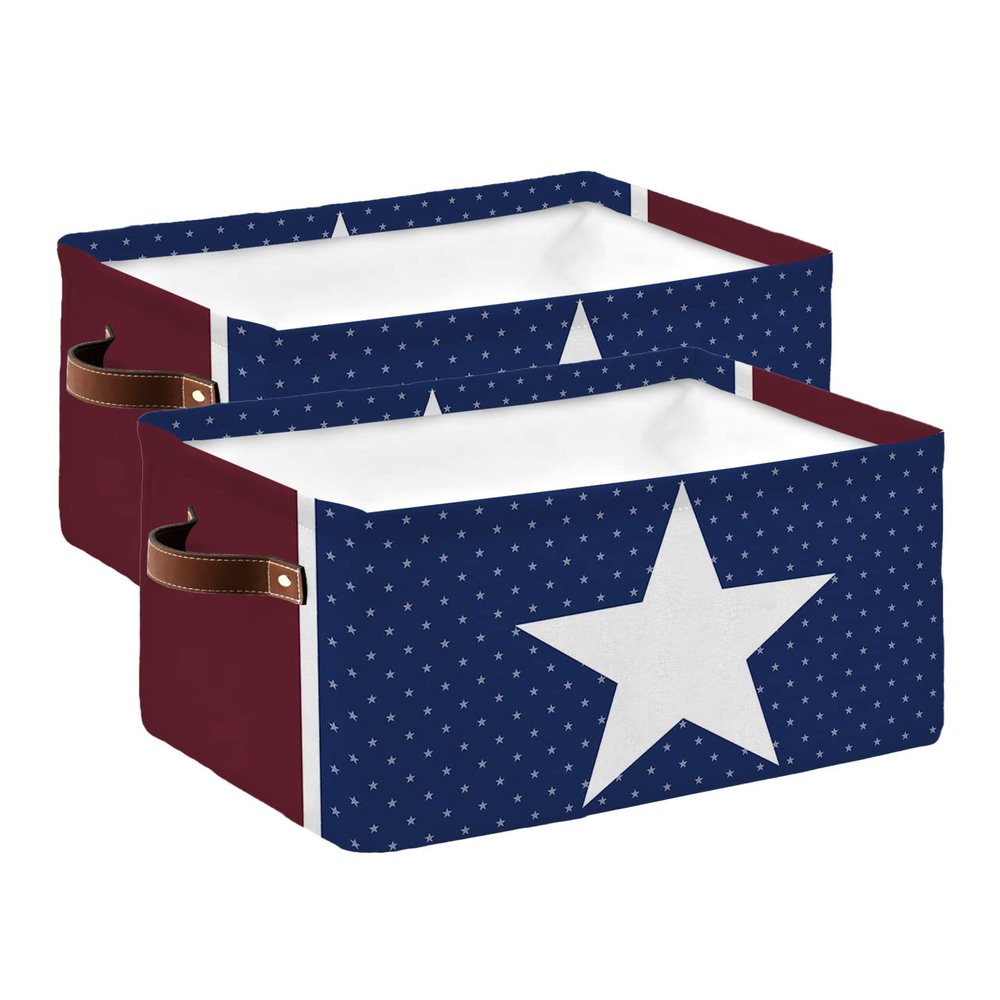 2 Pack Large Storage Baskets Bins 4th of July Collapsible Storage Box Laundry Organizer for Closet Shelf Nursery Kids Bedroom Independence Day White Star Blue Brown Stripes