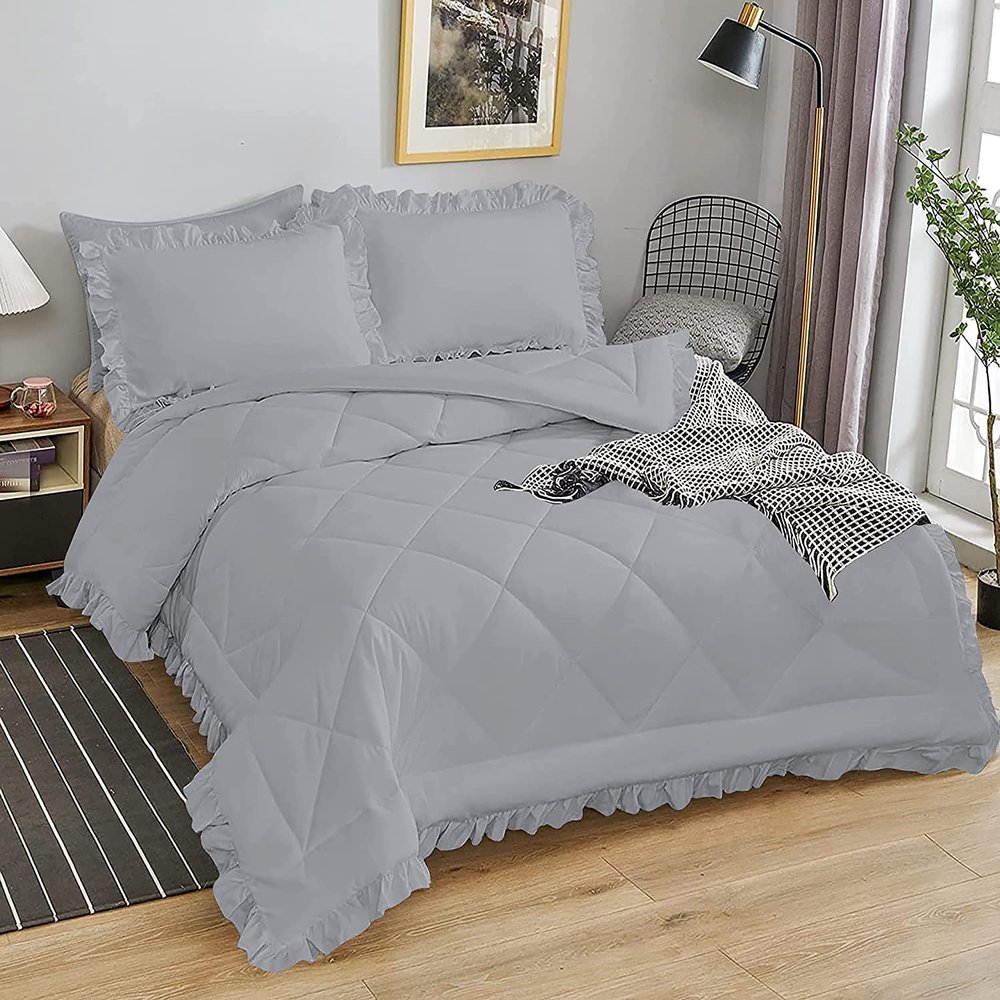 3 Piece Ruffle Box Stitch Comforter Set 100% Natural Cotton Twin/Twin XL(68x90) Size Silver, Durable Plush & Fluffy Quilted Bedding Set 500 GSM Fill Power (1 Comforter + 2 Pillow Shams)