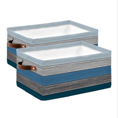 2 Pack Large Storage Baskets Bins Navy Blue Grey Ombre Collapsible Storage Box Laundry Organizer for Closet Shelf Nursery Kids Bedroom Farmhouse Wooden Striped Abstract Aesthetics