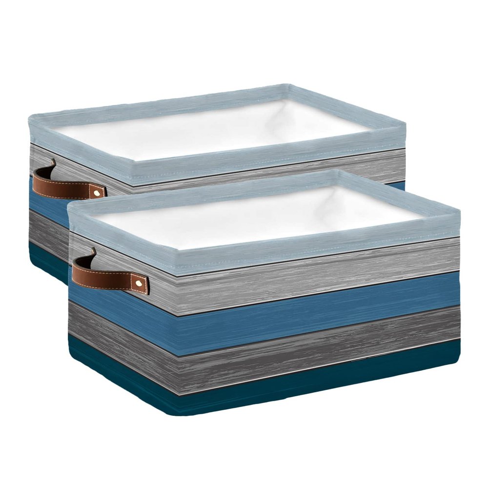 2 Pack Large Storage Baskets Bins Navy Blue Grey Ombre Collapsible Storage Box Laundry Organizer for Closet Shelf Nursery Kids Bedroom Farmhouse Wooden Striped Abstract Aesthetics