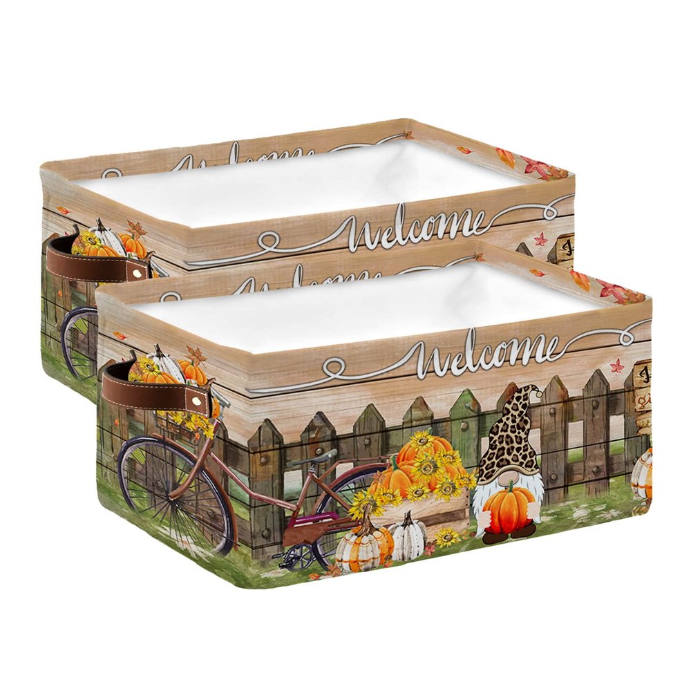 2 Pack Large Storage Baskets Bins Thanksgiving Gnomes Collapsible Storage Box Laundry Organizer for Closet Shelf Nursery Kids Bedroom Farmhouse Pumpkin Floral