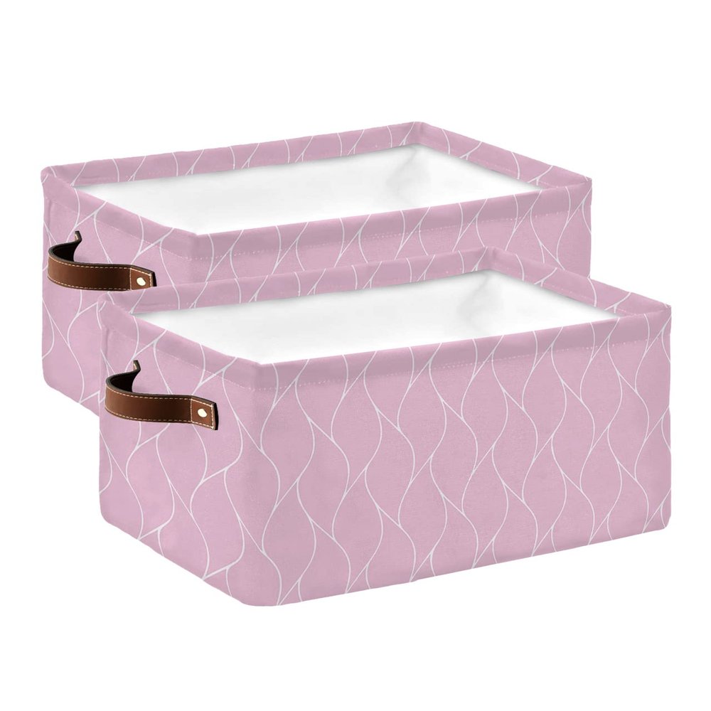2 Pack Large Storage Baskets Bins Pink Geometric Collapsible Storage Box Laundry Organizer for Closet Shelf Nursery Kids Bedroom Modern White Wave Abstract Aesthetics