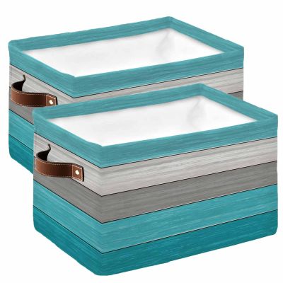 2 Pack Large Storage Baskets Bins Aqua Grey Ombre Collapsible Storage Box Laundry Organizer for Closet Shelf Nursery Kids Bedroom Farmhouse Wooden Striped Abstract Aesthetics