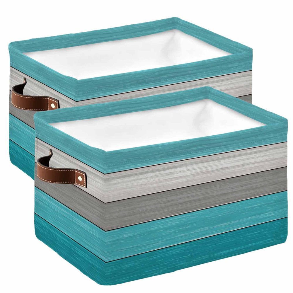 2 Pack Large Storage Baskets Bins Aqua Grey Ombre Collapsible Storage Box Laundry Organizer for Closet Shelf Nursery Kids Bedroom Farmhouse Wooden Striped Abstract Aesthetics