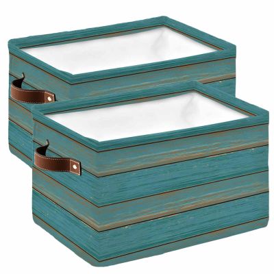 2 Pack Large Storage Baskets Bins Teal Wood Collapsible Storage Box Laundry Organizer for Closet Shelf Nursery Kids Bedroom Farmhouse Turquoise Retro Wooden Grain