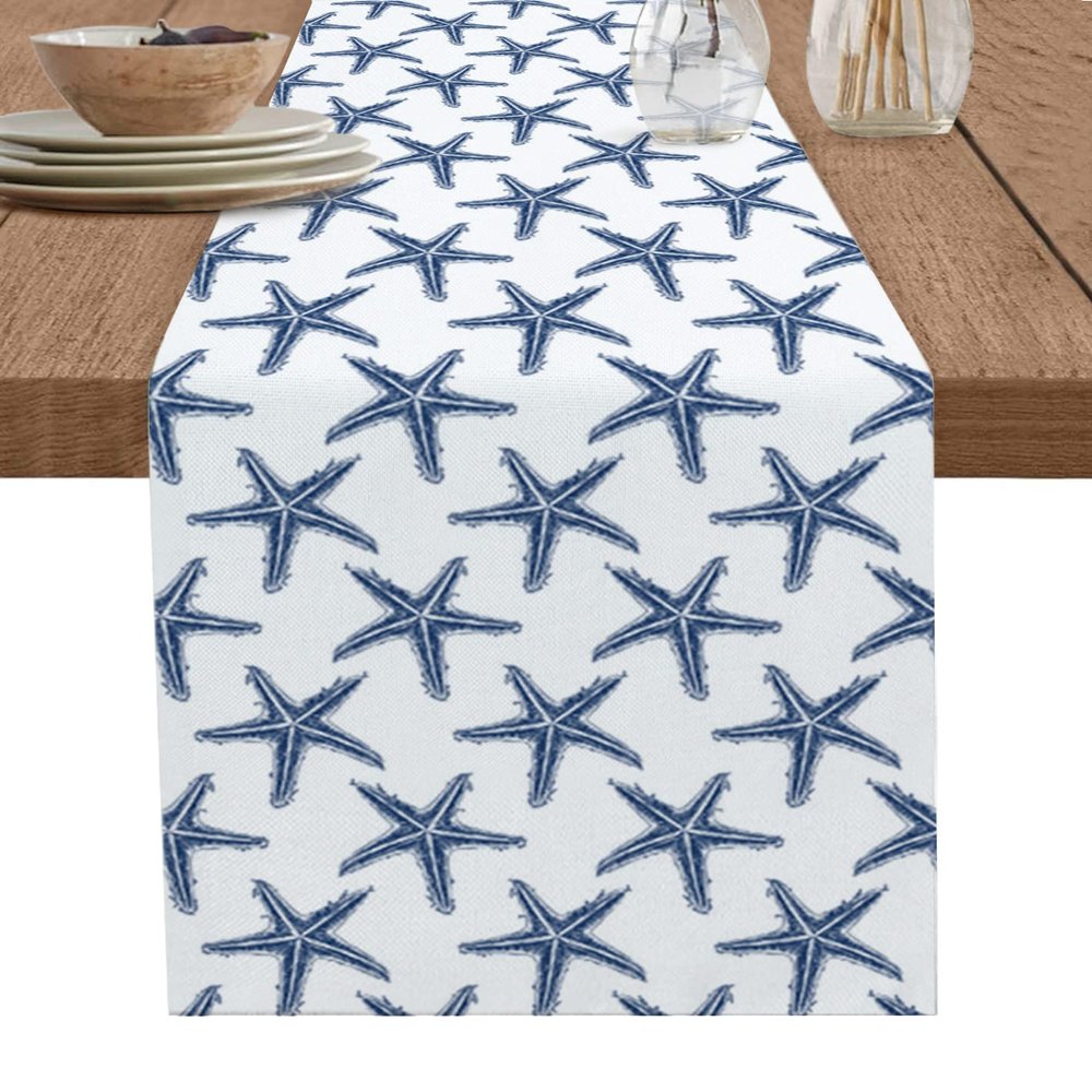 Ldtrchee Navy Blue Beach Starfish Table Runner 72 Inches, Summer Ocean Nautical Coastal Bed Runner Dresser Scarves Tabletop for Indoor Outdoor Parties/Ceremony/Banquet, 14" x 72"