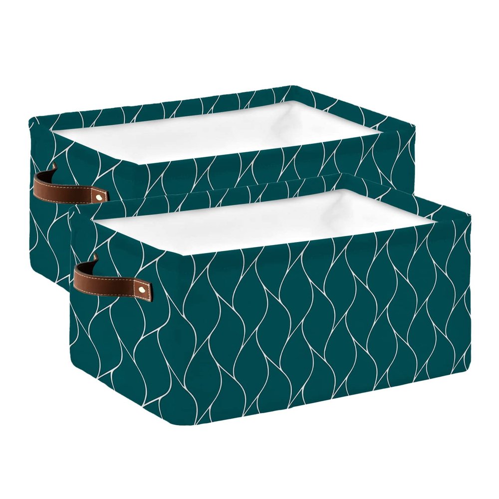 2 Pack Large Storage Baskets Bins Turquoise Geometric Collapsible Storage Box Laundry Organizer for Closet Shelf Nursery Kids Bedroom Modern White Wave Abstract Aesthetics