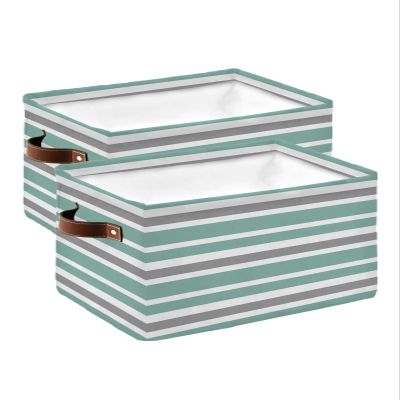 2 Pack Large Storage Baskets Bins Teal Grey Striped Collapsible Storage Box Laundry Organizer for Closet Shelf Nursery Kids Bedroom Modern White Abstract Art Aesthetics