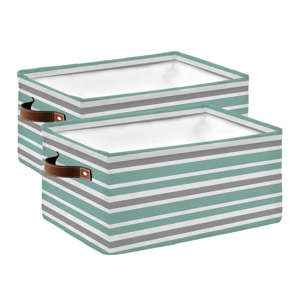 2 Pack Large Storage Baskets Bins Teal Grey Striped Collapsible Storage Box Laundry Organizer for Closet Shelf Nursery Kids Bedroom Modern White Abstract Art Aesthetics