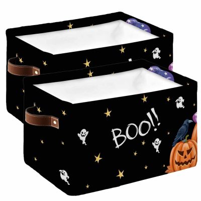 2 Pack Large Storage Baskets Bins Halloween Collapsible Storage Box Laundry Organizer for Closet Shelf Nursery Kids Bedroom Boo Farmhouse Pumpkin Ghost Black