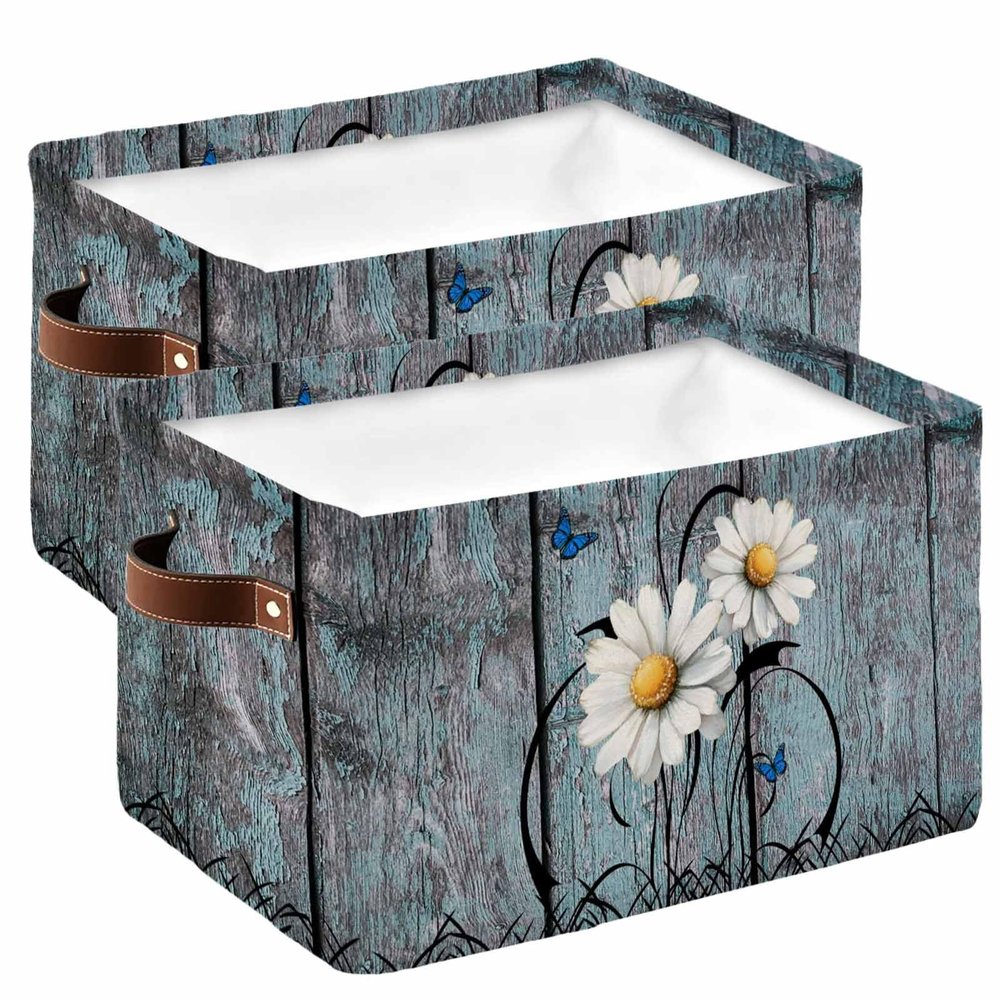 2 Pack Large Storage Baskets Bins Yellow White Daisy Collapsible Storage Box Laundry Organizer for Closet Shelf Nursery Kids Bedroom Modern Abstract Art Rustic Wooden