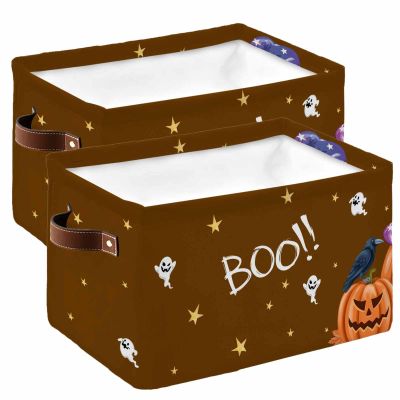2 Pack Large Storage Baskets Bins Halloween Collapsible Storage Box Laundry Organizer for Closet Shelf Nursery Kids Bedroom Boo Farmhouse Pumpkin Ghost Brown