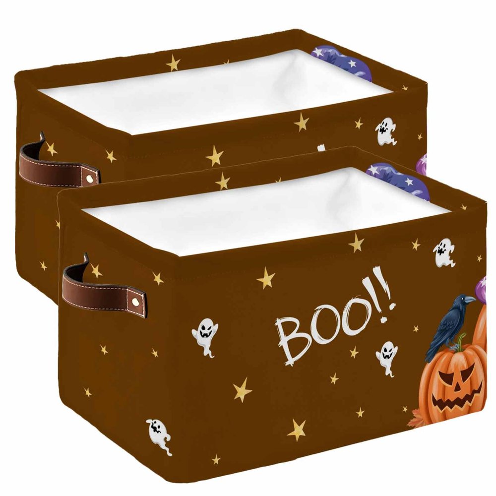 2 Pack Large Storage Baskets Bins Halloween Collapsible Storage Box Laundry Organizer for Closet Shelf Nursery Kids Bedroom Boo Farmhouse Pumpkin Ghost Brown