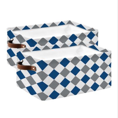 2 Pack Large Storage Baskets Bins Blue Grey Plaid Collapsible Storage Box Laundry Organizer for Closet Shelf Nursery Kids Bedroom Modern Geometric Abstract Art Aesthetics