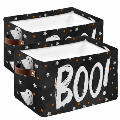 2 Pack Large Storage Baskets Bins Halloween Boo Collapsible Storage Box Laundry Organizer for Closet Shelf Nursery Kids Bedroom White Orange Star Polka Dots Ghost Black