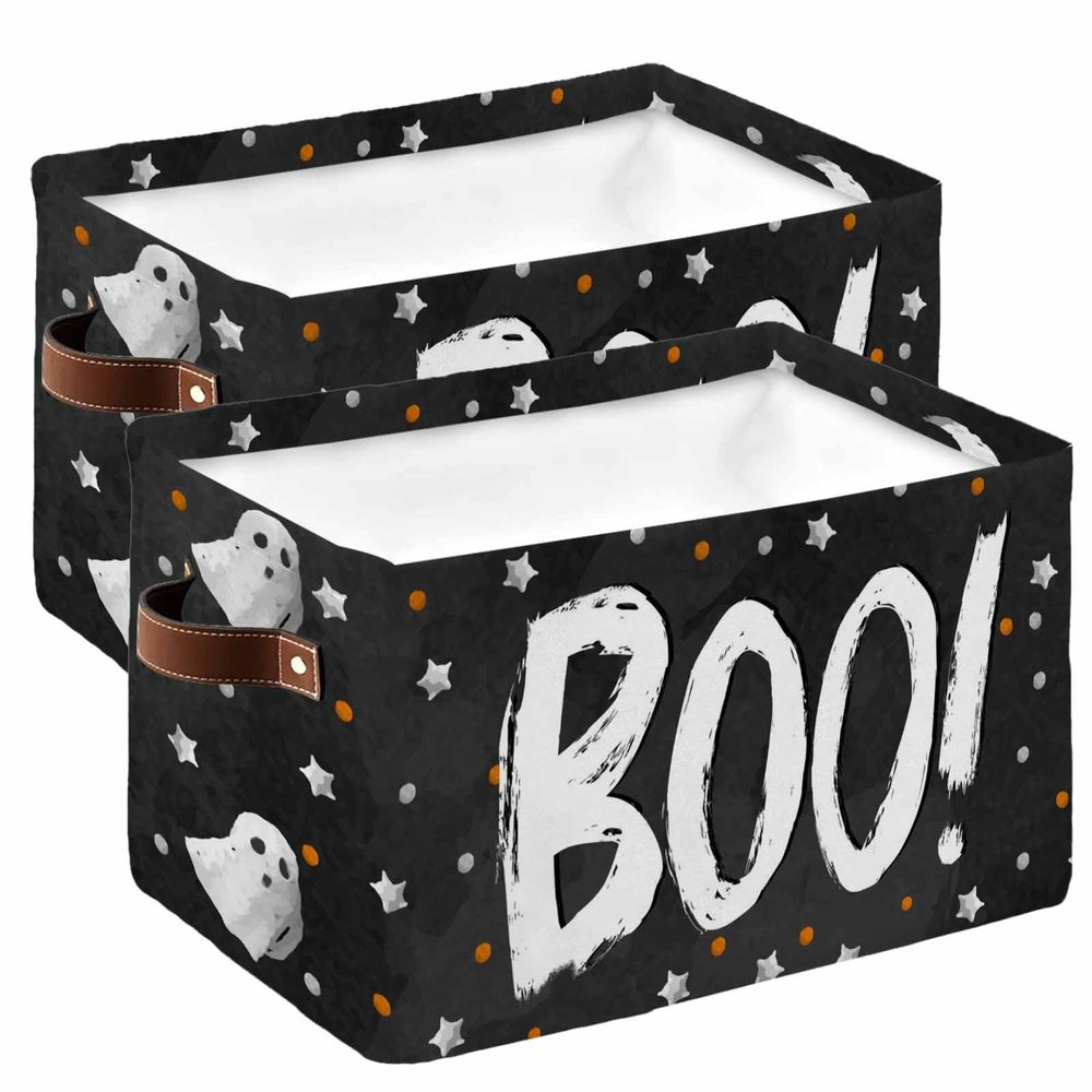 2 Pack Large Storage Baskets Bins Halloween Boo Collapsible Storage Box Laundry Organizer for Closet Shelf Nursery Kids Bedroom White Orange Star Polka Dots Ghost Black