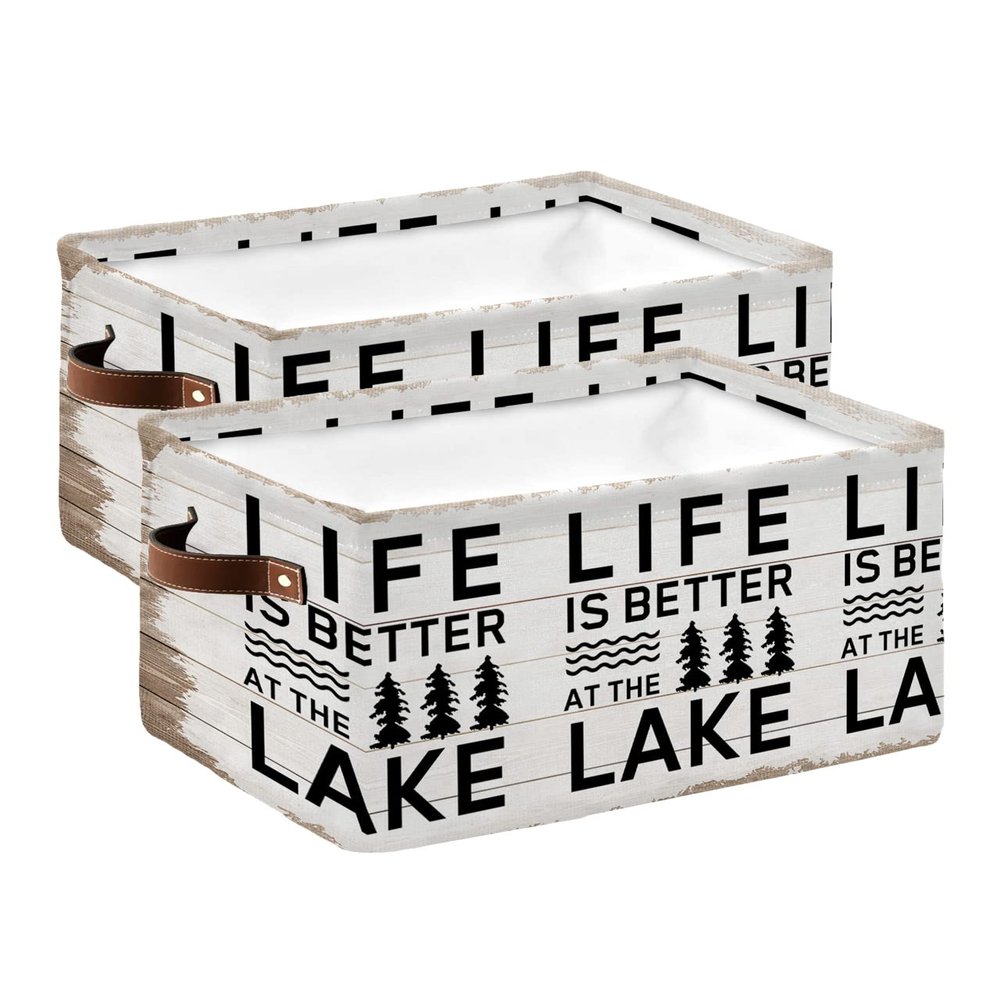 2 Pack Large Storage Baskets Bins Life is Better at The Lake Collapsible Storage Box Laundry Organizer for Closet Shelf Nursery Kids Bedroom Rustic Black Artistic Aesthetics