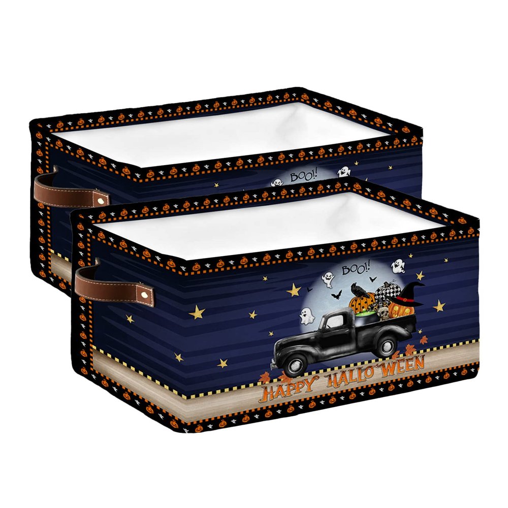 2 Pack Large Storage Baskets Bins Halloween Collapsible Storage Box Laundry Organizer for Closet Shelf Nursery Kids Bedroom Boo Farmhouse Fall Pumpkin Black Truck Bat