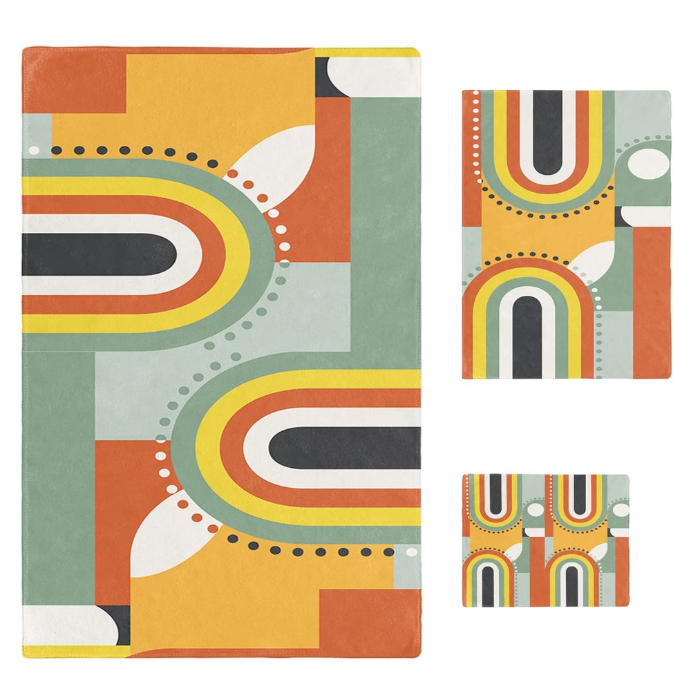Abstract Orange Bath Towels for Bathroom Set - Luxury Microfiber Towels Gifts for Women,Quick Dry Beach Kitchen Hand Hair Face Towel and Dish Washcloth,Modern Geometric Middle Century CasualTowels+Set