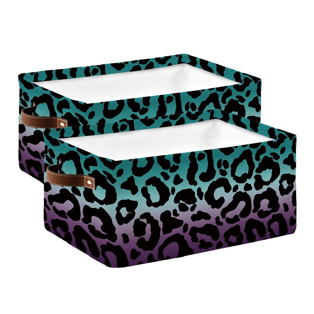 2 Pack Large Storage Baskets Bins Teal Purple Ombre Leopard Collapsible Storage Box Laundry Organizer for Closet Shelf Nursery Kids Bedroom Modern Cheetah Abstract Art Aesthetics