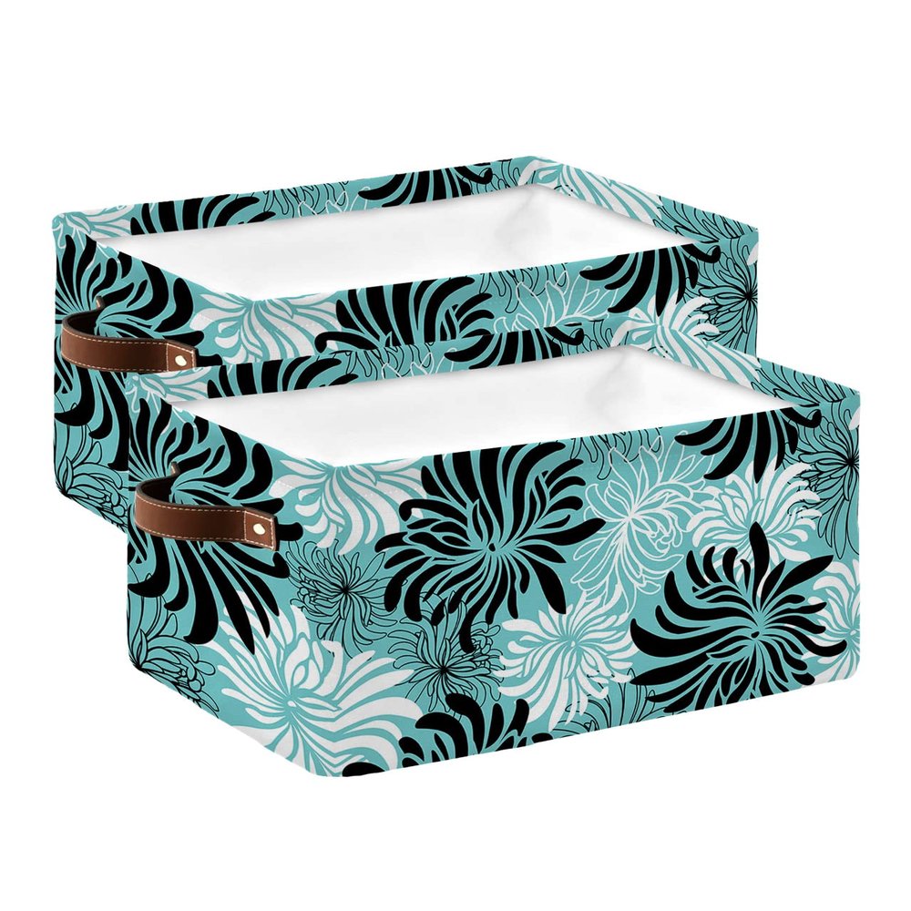 2 Pack Large Storage Baskets Bins Teal Black White Spring Floral Collapsible Storage Box Laundry Organizer for Closet Shelf Nursery Kids Bedroom Modern Abstract Aesthetics