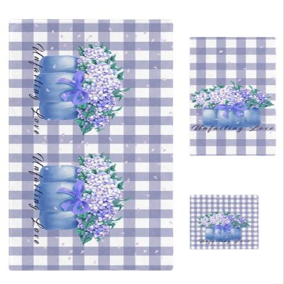 Blue Flower Bath Towels for Bathroom Set - Luxury Microfiber Towels Gifts for Women,Quick Dry Beach Kitchen Hand Hair Face Towel and Dish Washcloth,Green Leaves Rustic Plaid Purple Yoga Gym Towels+Set