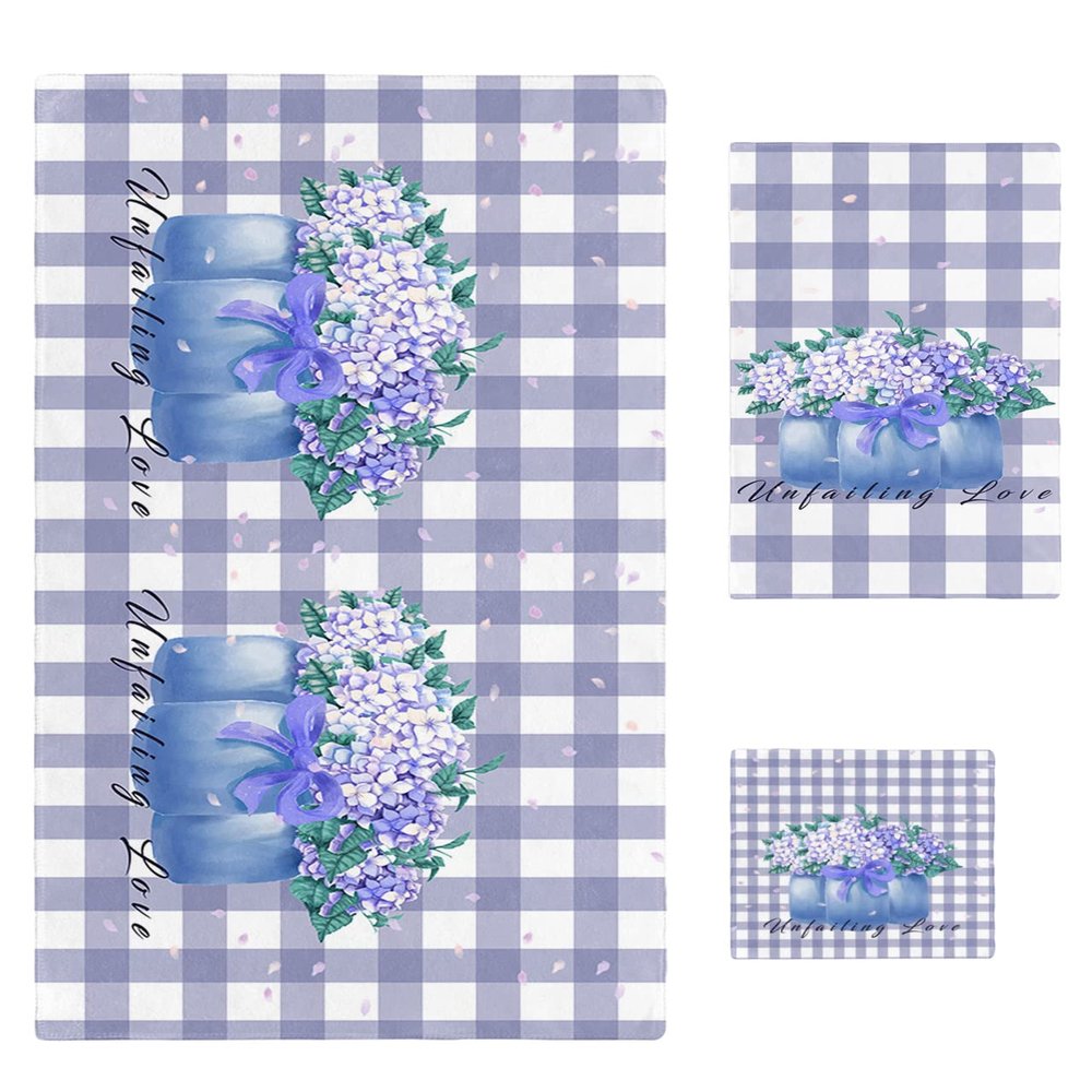 Blue Flower Bath Towels for Bathroom Set - Luxury Microfiber Towels Gifts for Women,Quick Dry Beach Kitchen Hand Hair Face Towel and Dish Washcloth,Green Leaves Rustic Plaid Purple Yoga Gym Towels+Set