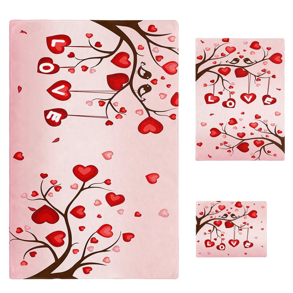Love-Tree Bath Towels for Bathroom Set - Luxury Microfiber Towels Gifts for Women,Quick Dry Beach Kitchen Hand Hair Face Towel and Dish Washcloth,Valentine's Day Saint Rose Spring Love-BirdsTowels+Set