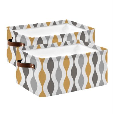 2 Pack Large Storage Baskets Bins Yellow Grey Striped Collapsible Storage Box Laundry Organizer for Closet Shelf Nursery Kids Bedroom Middle Century Abstract Art Aesthetics