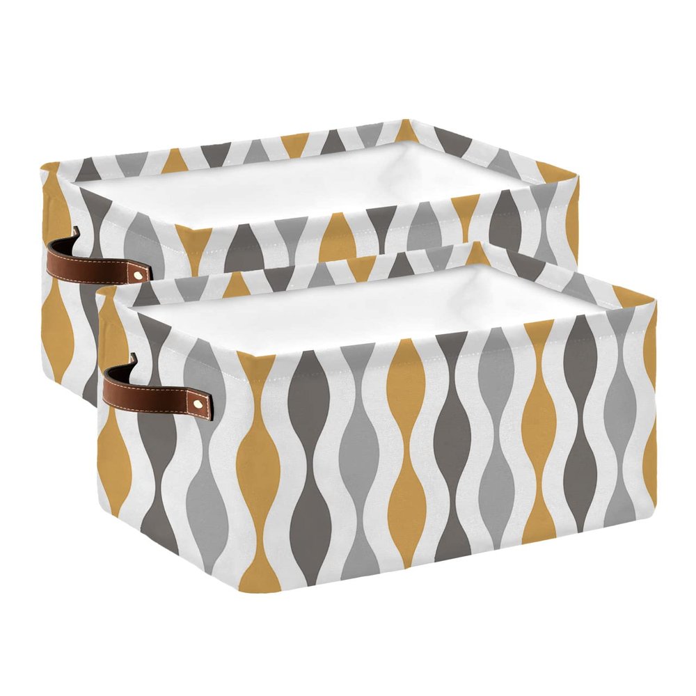 2 Pack Large Storage Baskets Bins Yellow Grey Striped Collapsible Storage Box Laundry Organizer for Closet Shelf Nursery Kids Bedroom Middle Century Abstract Art Aesthetics