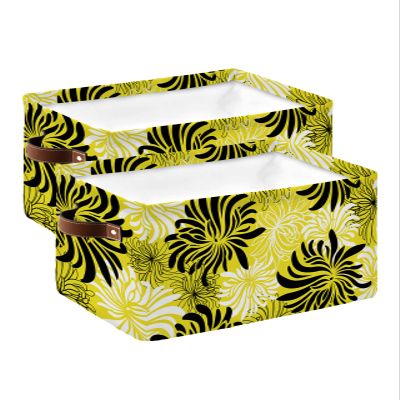2 Pack Large Storage Baskets Bins Yellow Black White Spring Floral Collapsible Storage Box Laundry Organizer for Closet Shelf Nursery Kids Bedroom Modern Abstract Aesthetics