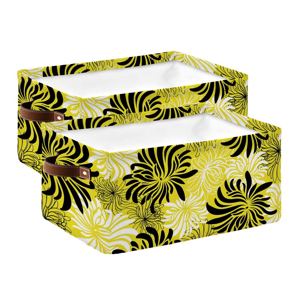 2 Pack Large Storage Baskets Bins Yellow Black White Spring Floral Collapsible Storage Box Laundry Organizer for Closet Shelf Nursery Kids Bedroom Modern Abstract Aesthetics