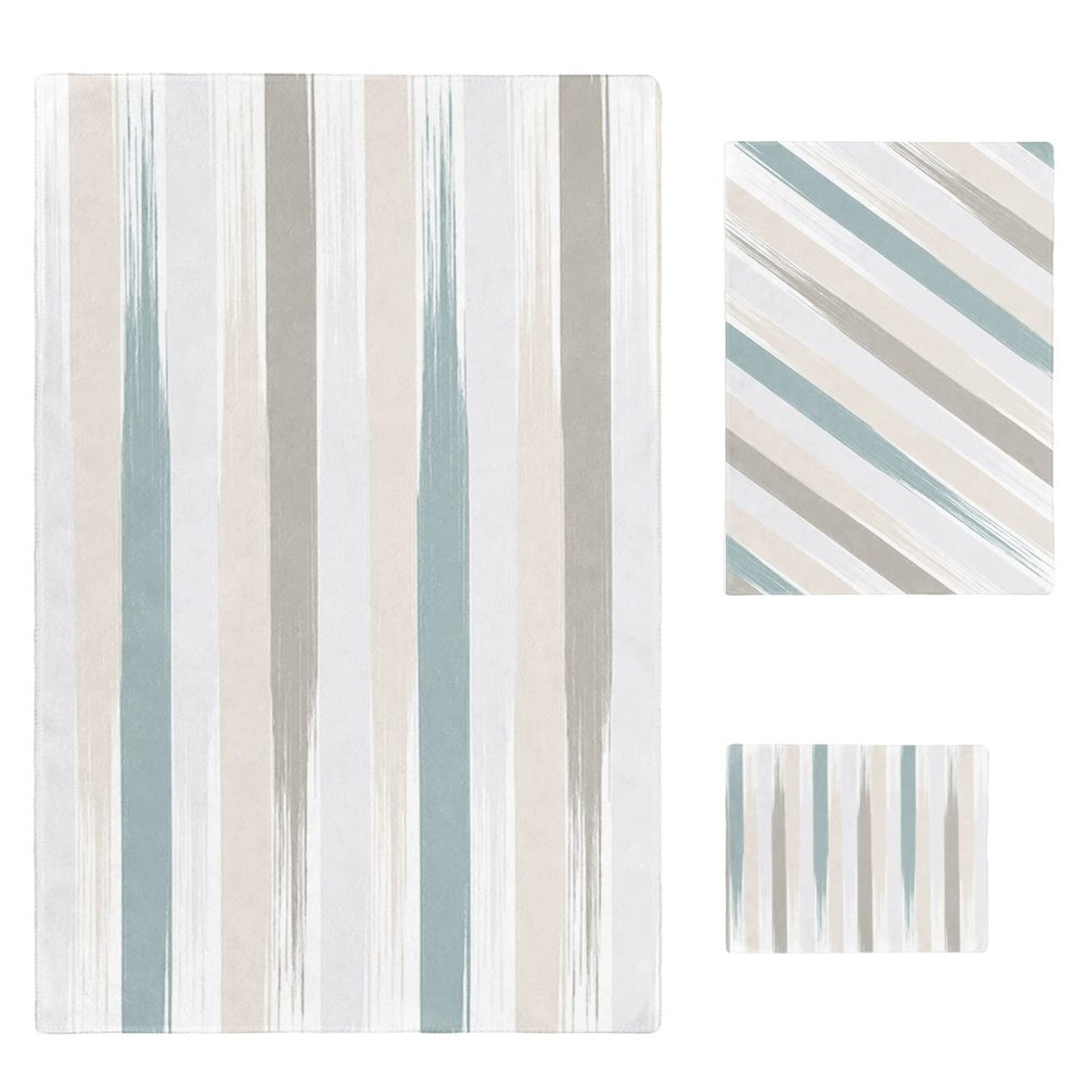 Abstract Bath Towels for Bathroom Set - Luxury Microfiber Towels Gifts for Women,Quick Dry Beach Kitchen Hand Hair Face Towel Dish Washcloth,Beige Teal Geometric Minimalistic Brush Stripes Towels+Set