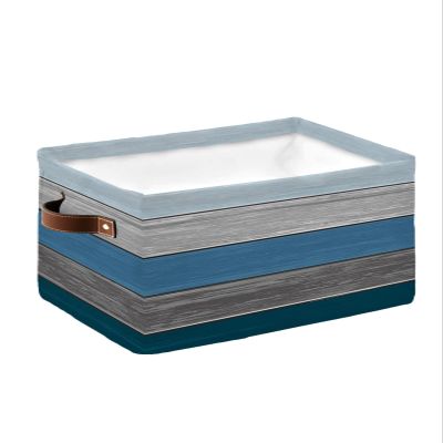1 Pack Large Storage Baskets Bins Navy Blue Grey Ombre Collapsible Storage Box Laundry Organizer for Closet Shelf Nursery Kids Bedroom Farmhouse Wooden Striped Abstract Aesthetics