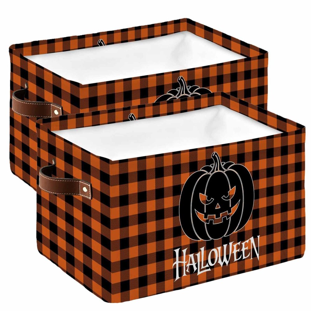 2 Pack Large Storage Baskets Bins Halloween Pumpkin Carving Collapsible Storage Box Laundry Organizer for Closet Shelf Nursery Kids Bedroom Orange Black Plaid