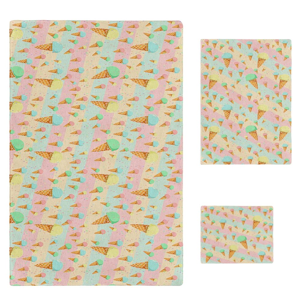 Auqa Yellow Pink Striped Bath Towels for Bathroom Set - Luxury Microfiber Towels Gifts for Women,Quick Dry Beach Kitchen Hand Hair Face Towel and Dish Washcloth,Ice Cream Summer Rainbow Gym Towels+Set