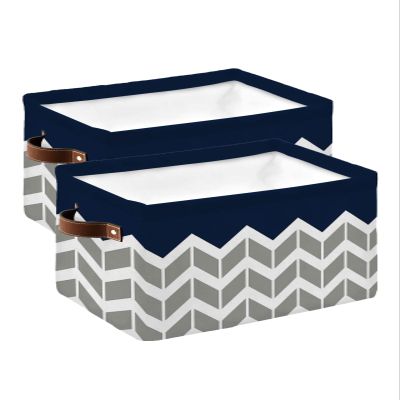 2 Pack Large Storage Baskets Bins Navy Blue Geometric Collapsible Storage Box Laundry Organizer for Closet Shelf Nursery Kids Bedroom White Chevron Modern Abstract Art Aesthetics