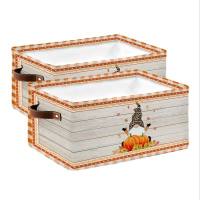 2 Pack Large Storage Baskets Bins Thanksgiving Collapsible Storage Box Laundry Organizer for Closet Shelf Nursery Kids Bedroom Orange Plaid Gnomes Pumpkin Rustic Wood