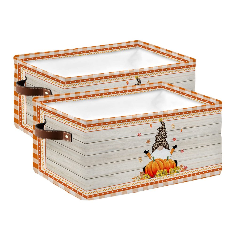 2 Pack Large Storage Baskets Bins Thanksgiving Collapsible Storage Box Laundry Organizer for Closet Shelf Nursery Kids Bedroom Orange Plaid Gnomes Pumpkin Rustic Wood