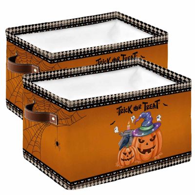 2 Pack Large Storage Baskets Bins Halloween Collapsible Storage Box Laundry Organizer for Closet Shelf Nursery Kids Bedroom Black Beige Plaid Pumpkin Crow Orange