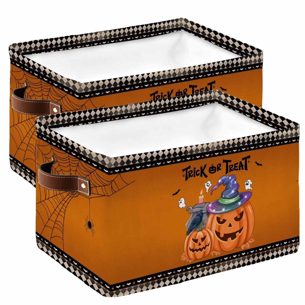 2 Pack Large Storage Baskets Bins Halloween Collapsible Storage Box Laundry Organizer for Closet Shelf Nursery Kids Bedroom Black Beige Plaid Pumpkin Crow Orange