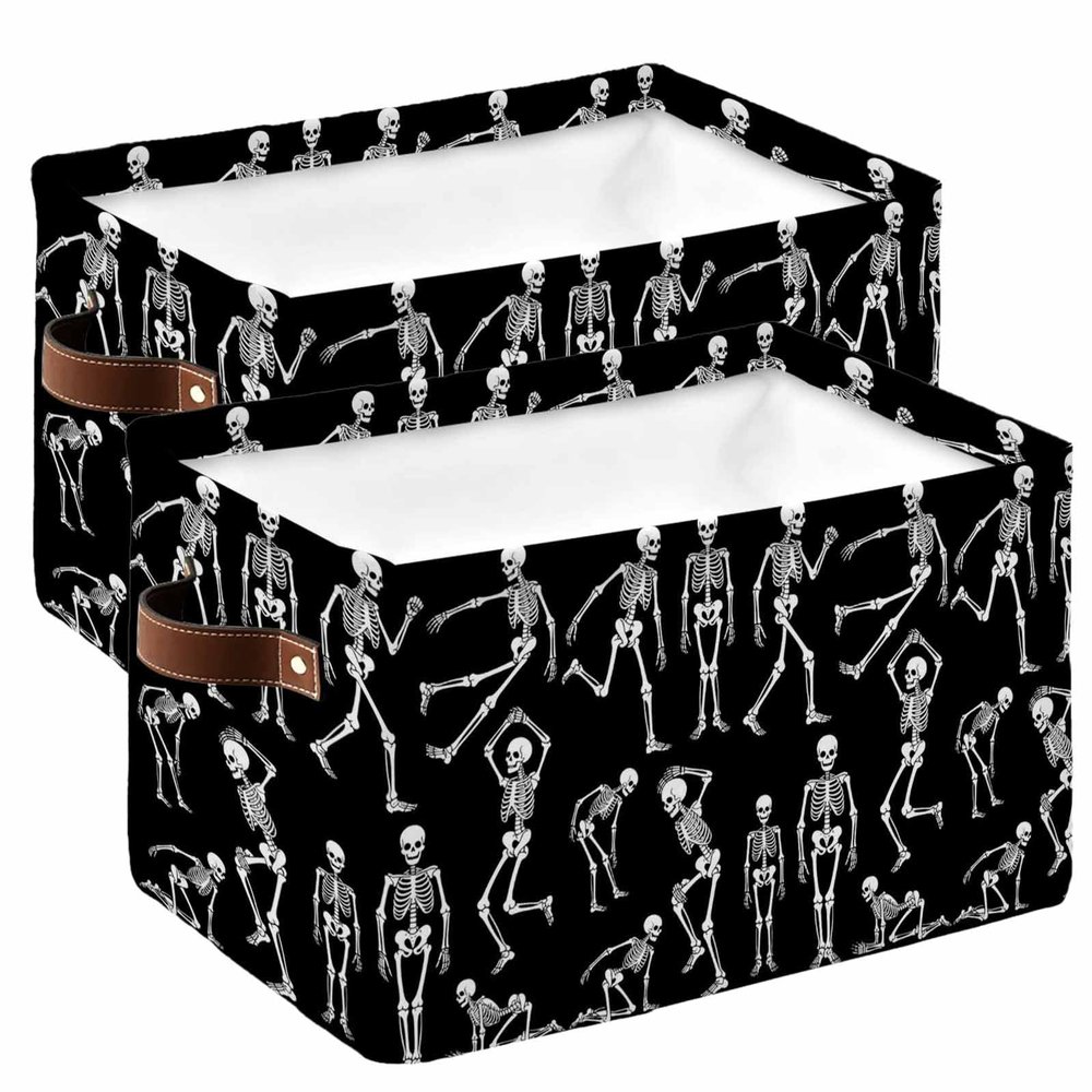 2 Pack Large Storage Baskets Bins Halloween Skull Collapsible Storage Box Laundry Organizer for Closet Shelf Nursery Kids Bedroom Black and White Skeleton Sport