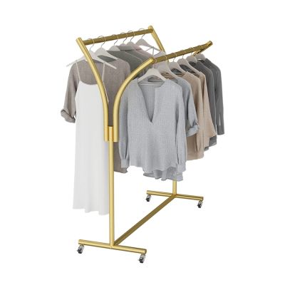 LXBAMKEA Multi-Purpose Display Stands, Clothes Store Retail Boutiques Double Hanging Rails Shelves, Ties Shawls Pants Blanket Fabric Storage Hanger with Wheels, Drying Rack (Color : Gold, Size : 150