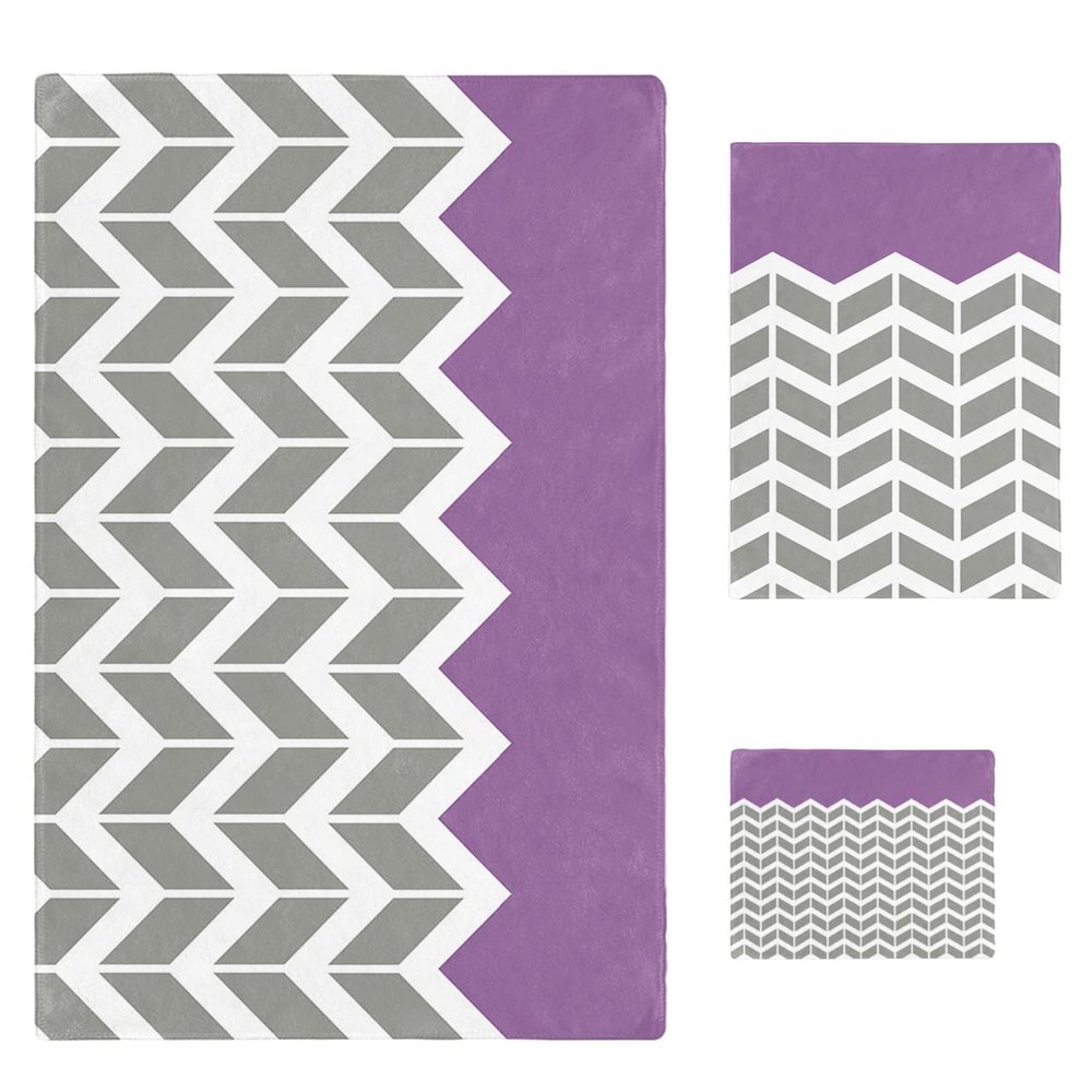 Stripr Bath Towels for Bathroom Set - Luxury Microfiber Towels Gifts for Women,Quick Dry Beach Kitchen Hand Hair Face Towel Dish Washcloth,Abstract Purple Herringbone Chevron Retro Towels+Set
