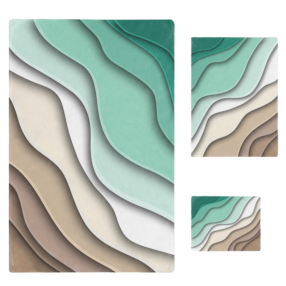 Abstract Modern Geometric Brown Art Bath Towels for Bathroom Set - Luxury Microfiber Towels Gifts for Women,Quick Dry Beach Kitchen Hand Hair Face Towel Washcloth,Ombre Green White Ocean Seawaves,Gym