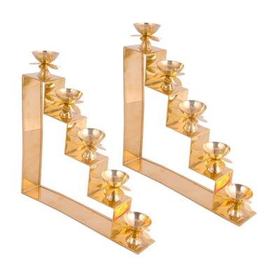 SHIV SHAKTI ARTS Pure Brass 5-Step Oil Lamp Diya with Lotus Designed Petal Decorative Diya (Set of 2)