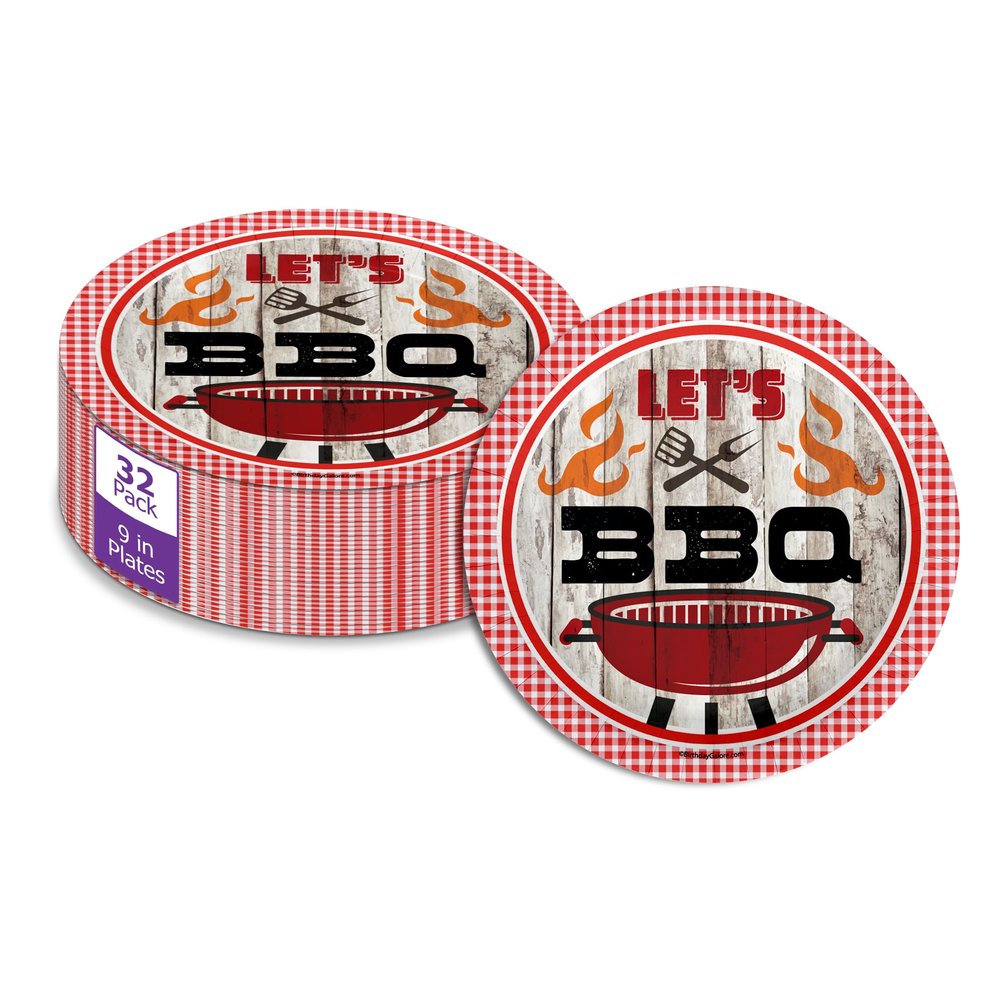 Birthday Galore Let's BBQ Red Gingham Party Supplies Tableware - Bar-B-Q Disposable Round Paper Plates - Summer Barbecue Picnic Plate - 32 Piece Large 9" Paper Plates