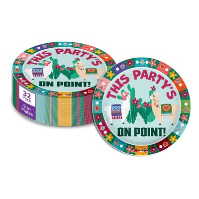 This Party is on Point Cactus and Llama Disposable Party Supplies - Southwest Round Party Paper Plates - Fiesta 32 Piece Large 9" Paper Plates In Bulk