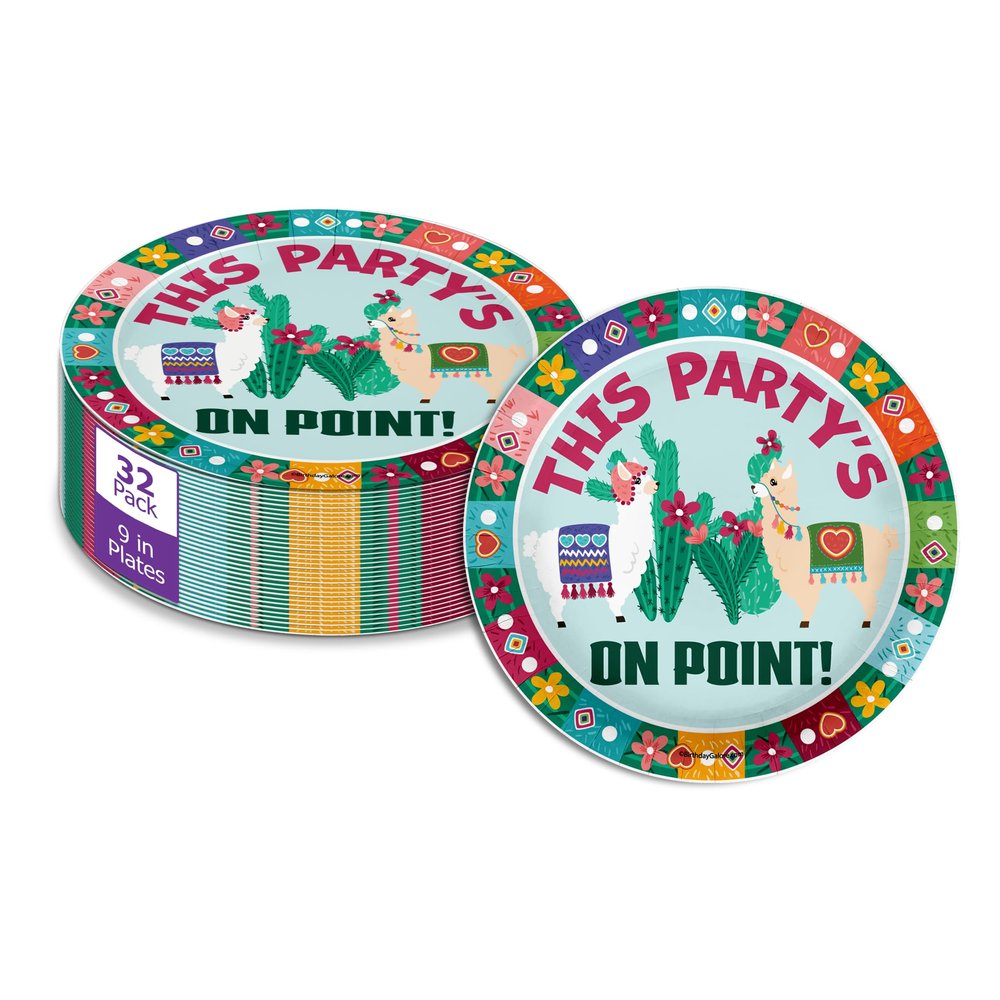 This Party is on Point Cactus and Llama Disposable Party Supplies - Southwest Round Party Paper Plates - Fiesta 32 Piece Large 9" Paper Plates In Bulk